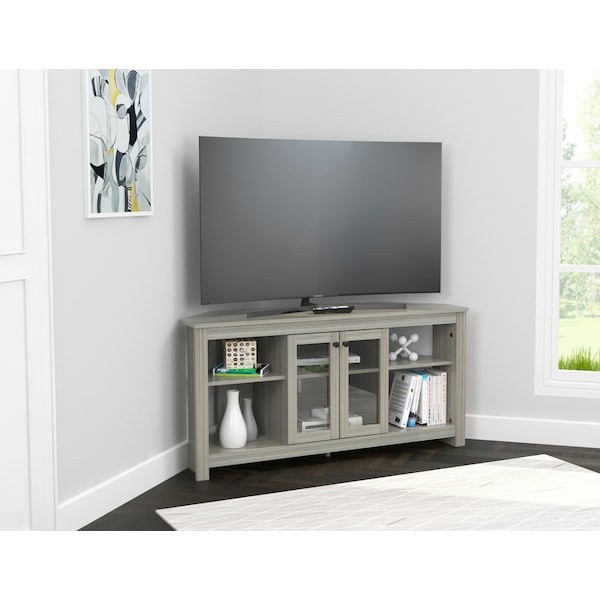 Corner TV Stand 50 in. W Washed Oak Fits TVs Up to 60 in. with Adjustable Shelves